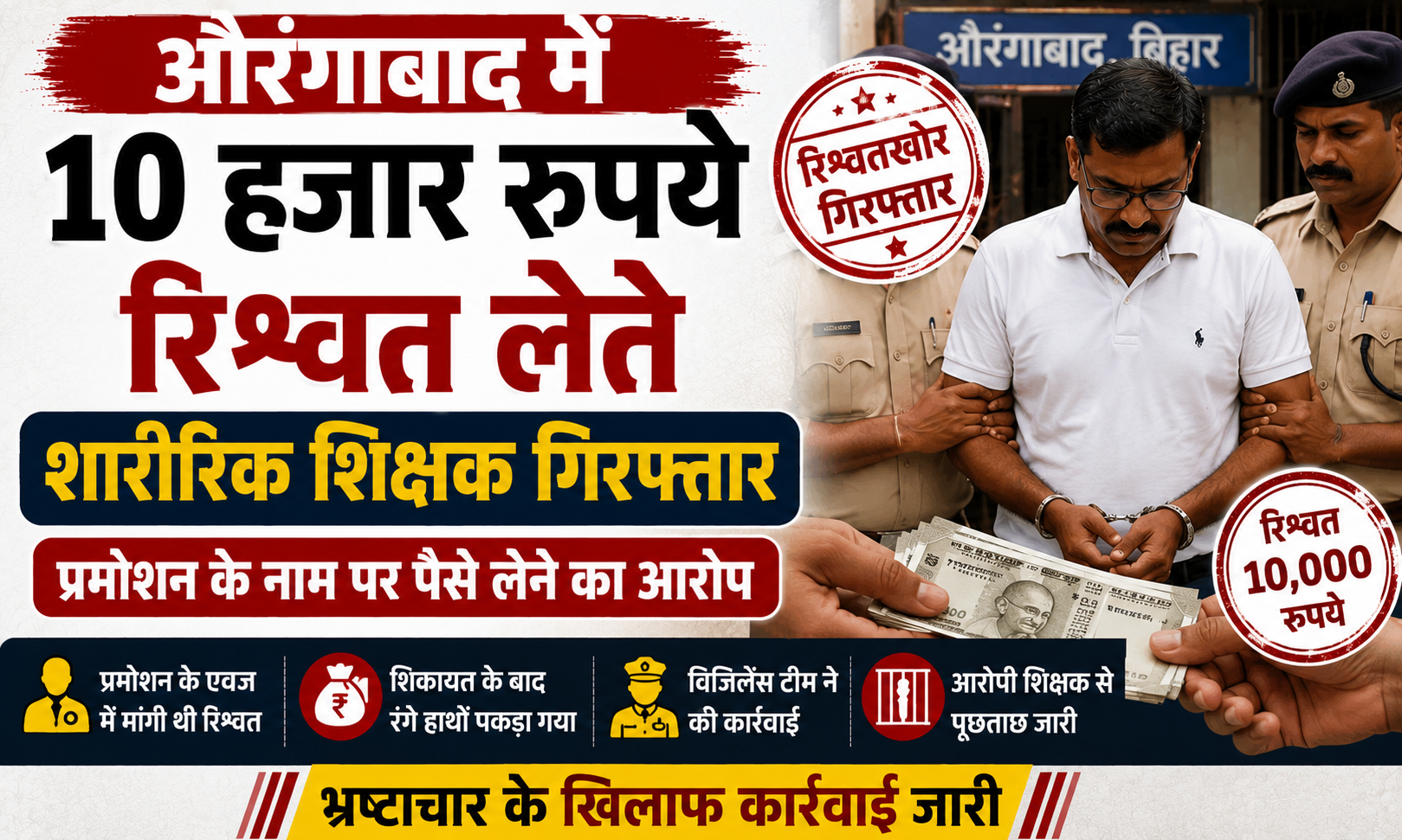 औरंगाबाद में 10 हजार रुपये रिश्वत लेते शारीरिक शिक्षक गिरफ्तार, प्रमोशन के नाम पर पैसे लेने का आरोप