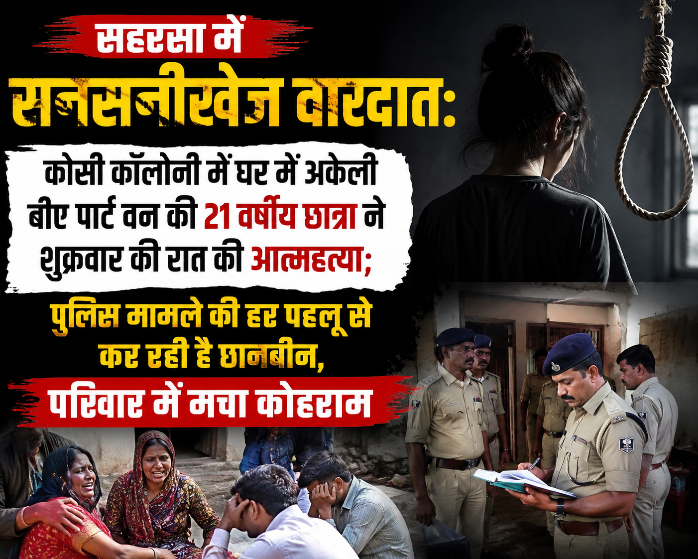 सहरसा में सनसनीखेज वारदात: कोसी कॉलोनी में घर में अकेली बीए पार्ट वन की 21 वर्षीय छात्रा ने शुक्रवार की रात की आत्महत्या; पुलिस मामले की हर पहलू से कर रही है छानबीन, परिवार में मचा कोहराम