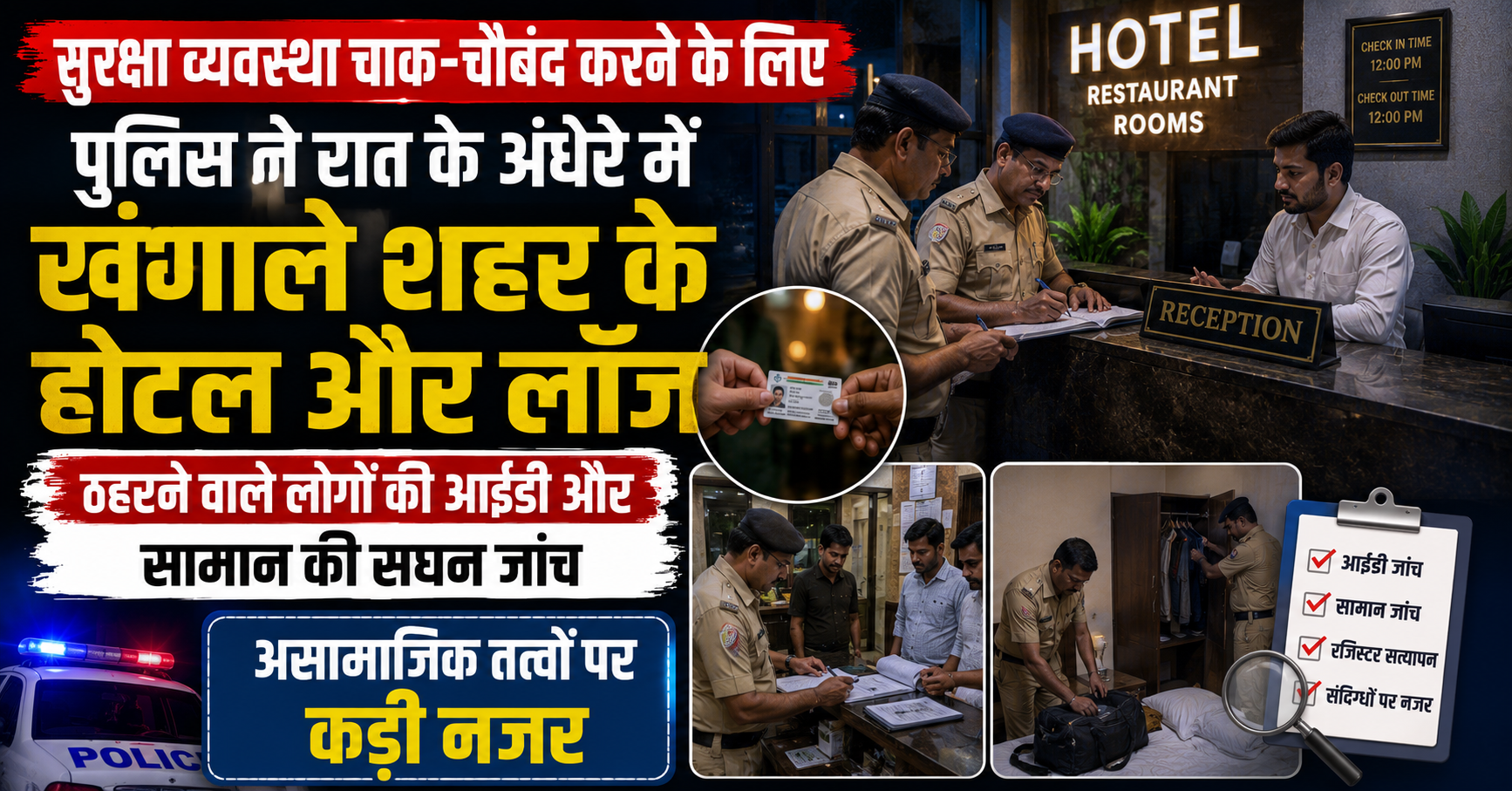 सुरक्षा व्यवस्था चाक-चौबंद करने के लिए पुलिस ने रात के अंधेरे में खंगाले शहर के होटल और लॉज, ठहरने वाले लोगों की आईडी और सामान की सघन जांच; असामाजिक तत्वों पर कड़ी नजर