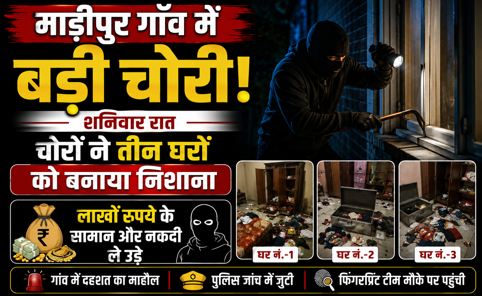 माड़ीपुर गाँव में बड़ी चोरी: शनिवार रात चोरों ने तीन घरों को बनाया निशाना, लाखों रुपये के सामान और नकदी ले उड़े