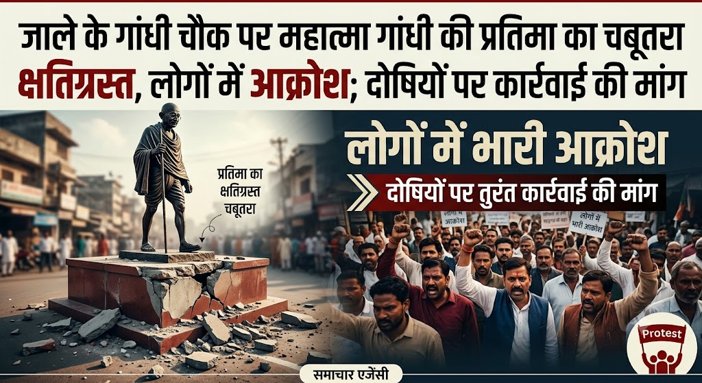 जाले के गांधी चौक पर महात्मा गांधी की प्रतिमा का चबूतरा क्षतिग्रस्त, लोगों में आक्रोश; दोषियों पर कार्रवाई की मांग