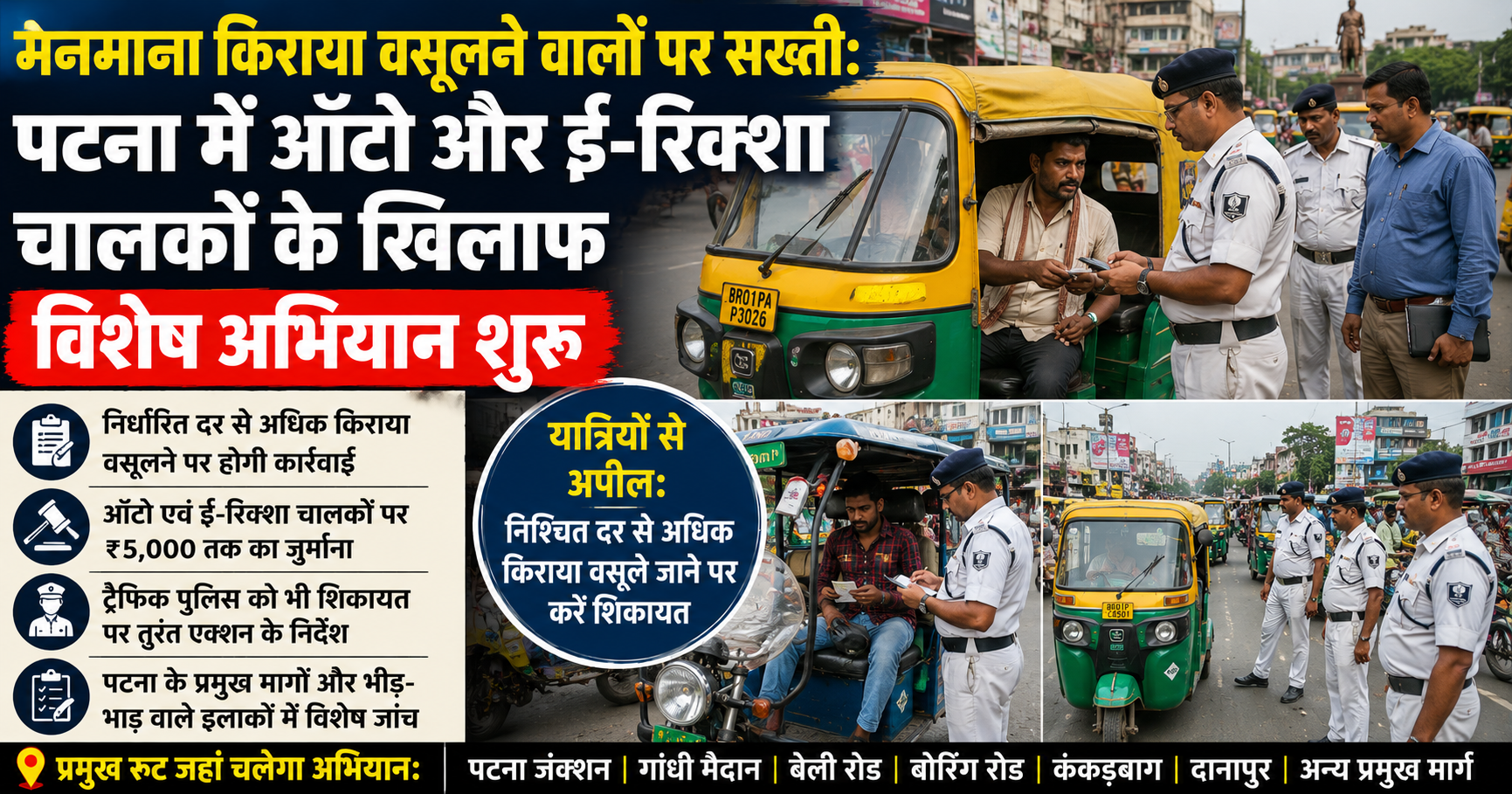 मनमाना किराया वसूलने वालों पर सख्ती: पटना में ऑटो और ई-रिक्शा चालकों के खिलाफ विशेष अभियान शुरू